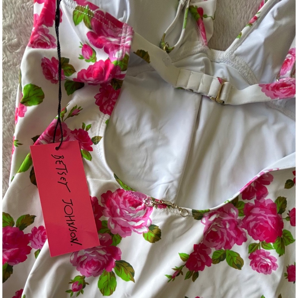 Betsey Johnson Womens White Pink Rose Floral Ruffle V-Neck One Piece Swimsuit L - Picture 5 of 6